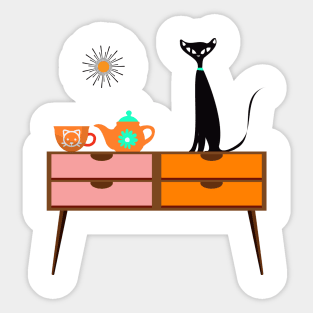 Mid Century Cat with a Cup of Tea Sitting on a Retro Table. Sticker